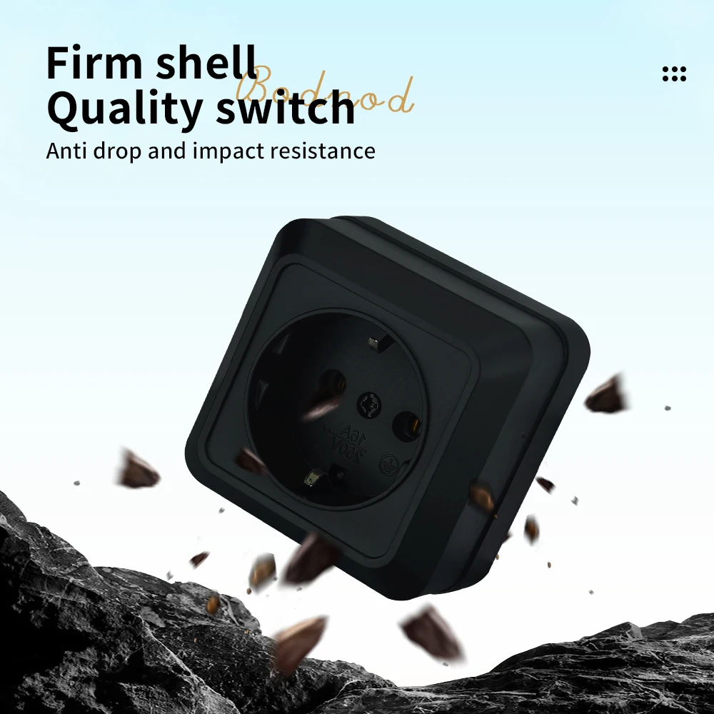 منافذ كهربائية مثبطة للهب مثبتة على الحائط باللون الأسود، مقابس طلاء بلاستيكية مع مقابس طاقة كلاسيكية قياسية من الاتحاد الأوروبي