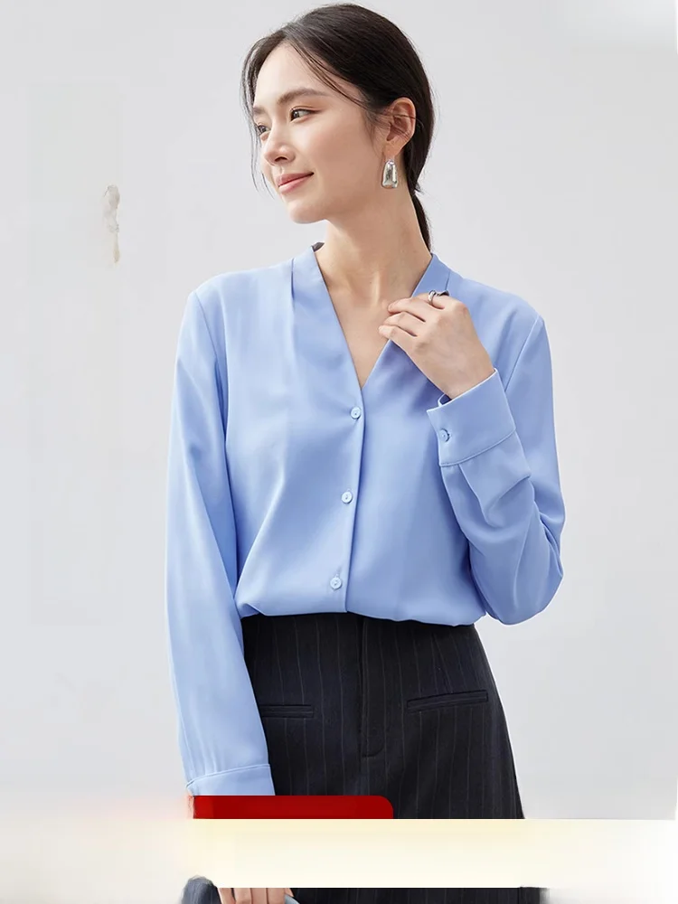 

Casual V-Ne Long Sve Women's irt Spring 2026 New Sle Ele Loose Slimming Pure Color Chiffon Top Faion Commute