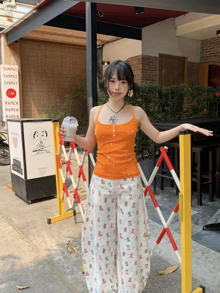 Pantalon d'été tendance pour femmes, imprimé Animal rétro, jambes larges, avec détails de nœud, ample, suspendu, pantalon de plage décontracté