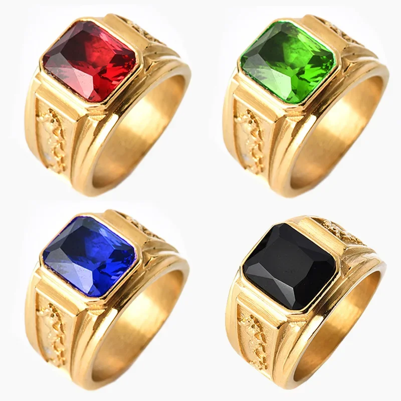 Fashion Men's Ring Square Facade Good Stone Inlaid Ring Side Flying Dragon Carving Domineering Men's Ring Party Jewelry Accessor