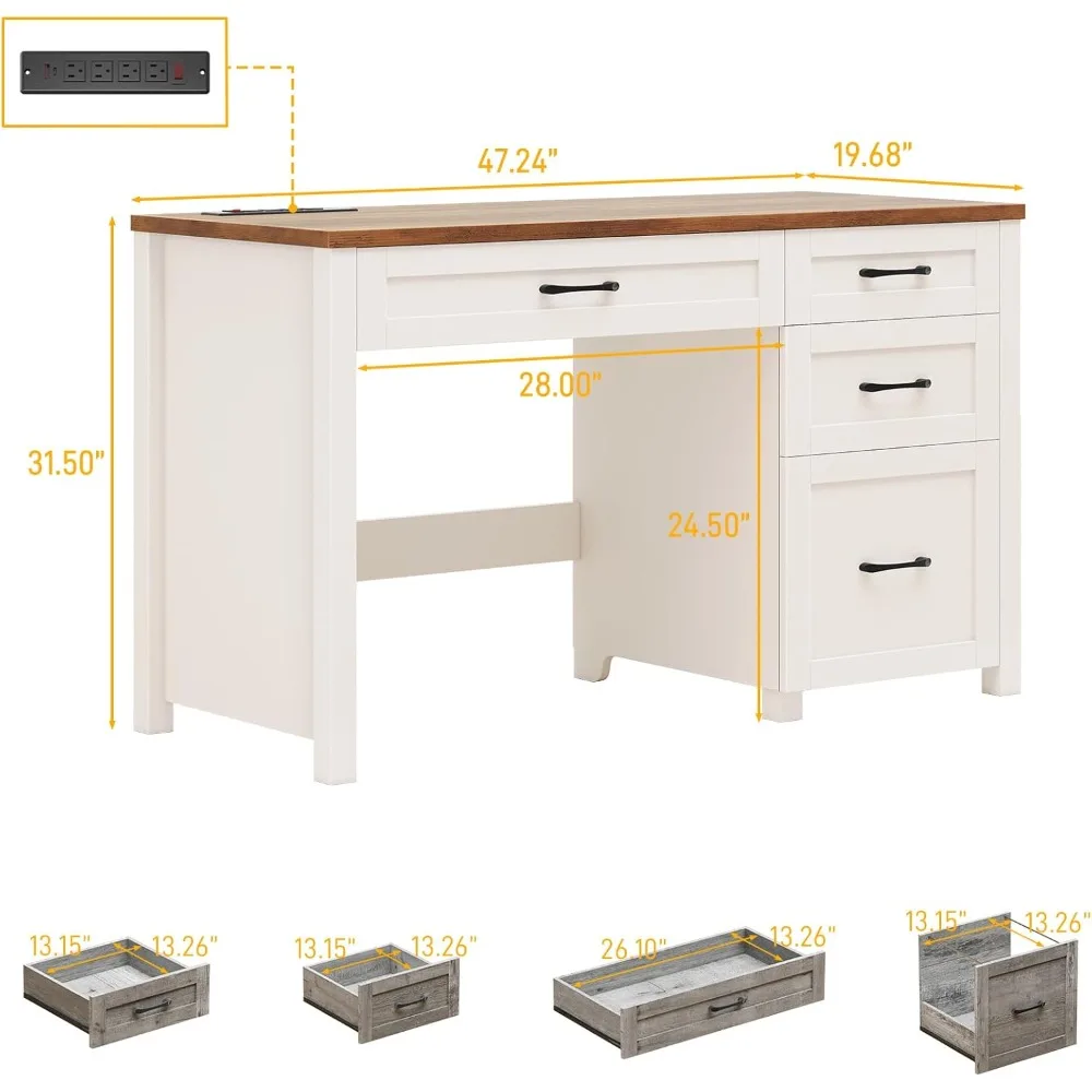 Farmhouse 47" Executive Desk, Computer Desk with File Drawer and Charging Station, Workstation for Home Office, Study.Unique
