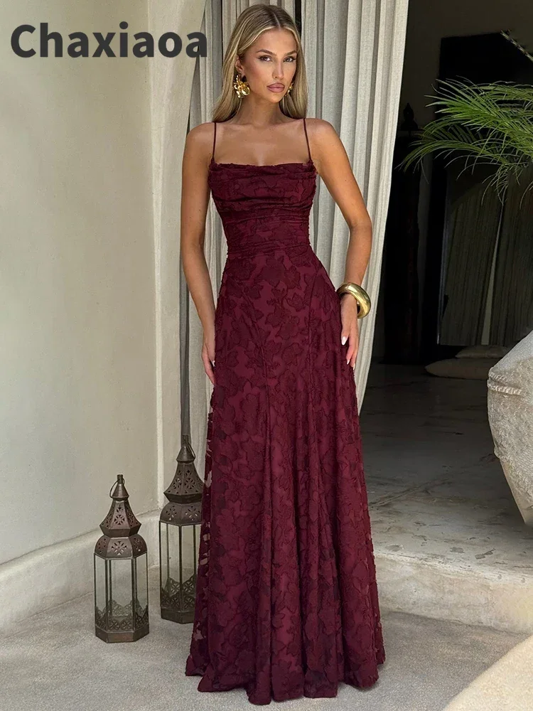 Chaxiaoa Spaghetti Strap Backless Sexy Maxi Dress Women Gown Fashion Off-shoulder Sleeveless Lace-up Evening Club Party Dress