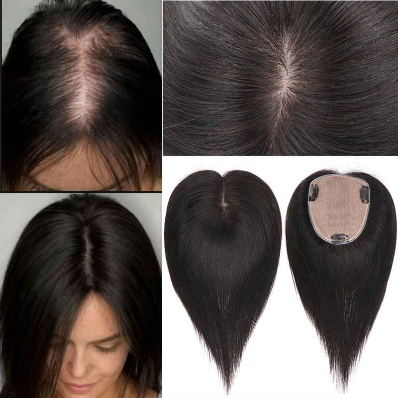 

Silk Base Virgin Human Hair Topper 12x14cm Large Size Clip In Extension For Thinning Hair 130% Density Unprocessed Natural Color