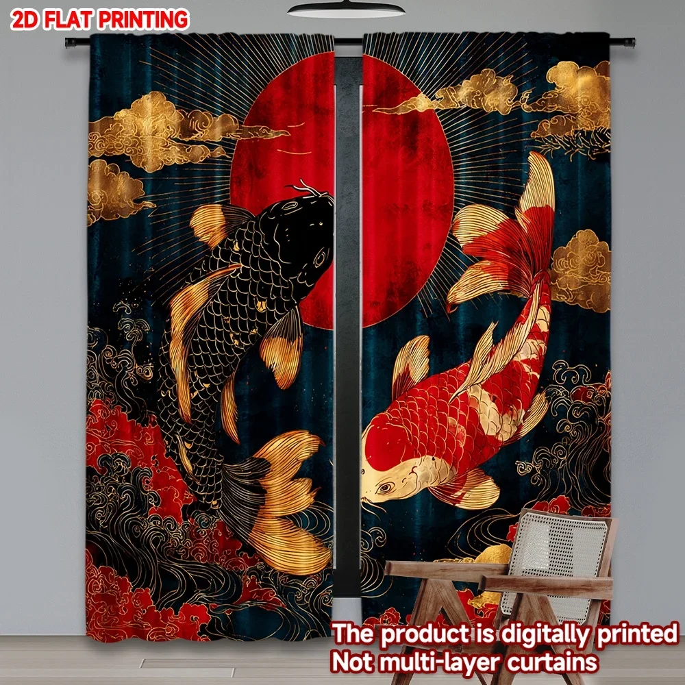 2pcs Koi Fish Curtains 2D Flat Digital Print, Japanese Asian Style with Red Black Carp, Gold Clouds & Red Sun for Living Room