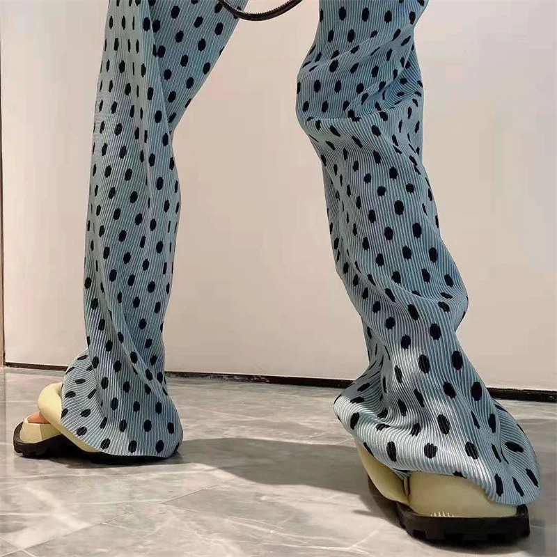 Calças Largas Finas de Verão para Mulheres, Cintura Alta, Estilo Solto com Estampa de Poá, Crimento até o Chão, Textura co...