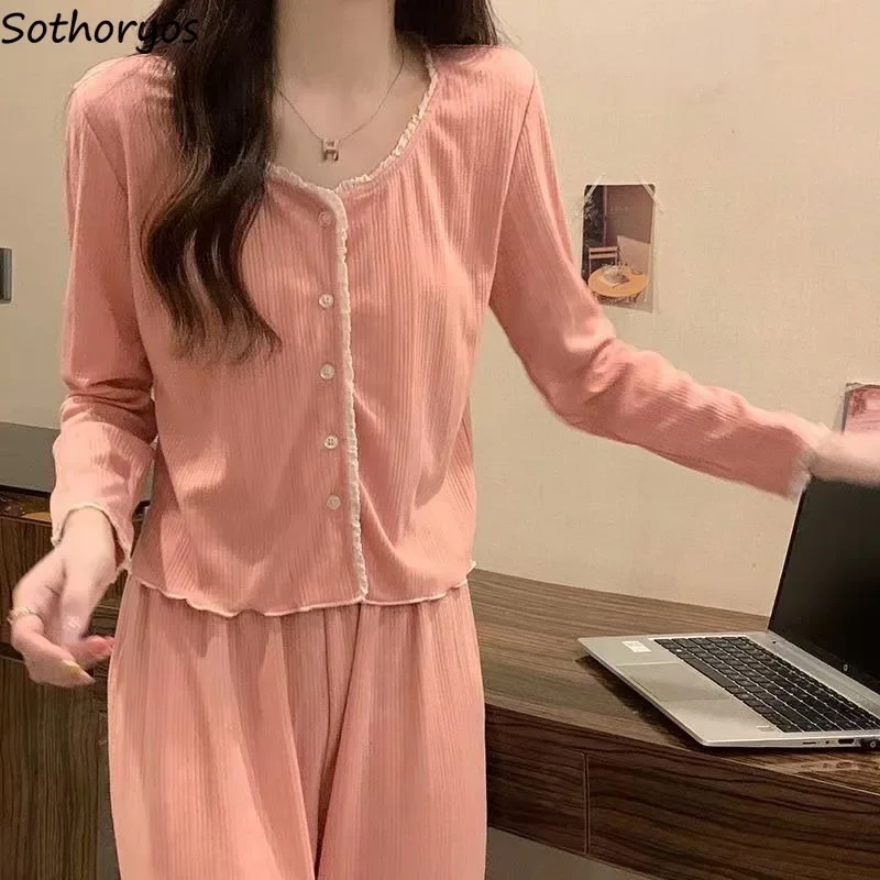 

Pink Solid Pajamas Women O-neck Sweet Korean Cozy Sleepwear Gentle Long Sleeve Single Breasted New Full Length Soft Home Mujer