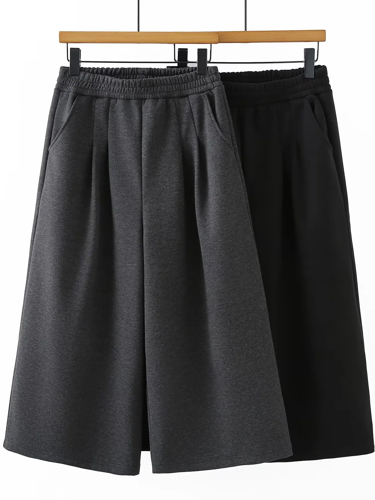 

plus Size Winter Wide Leg Pants Women's Loose Fit Fleece Lined Thickened Elastic Waist Trousers Slimming Woolen Knee-Length