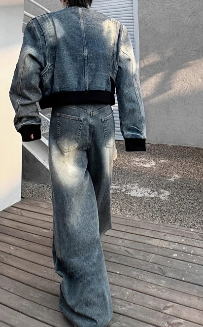 2025 الرجال الخريف جديد قطعتين مجموعات النمط الأمريكي شارع العليا العصرية 2 قطعة الذكور الوقوف طوق الدنيم الستر فضفاضة واسعة الساق السراويل