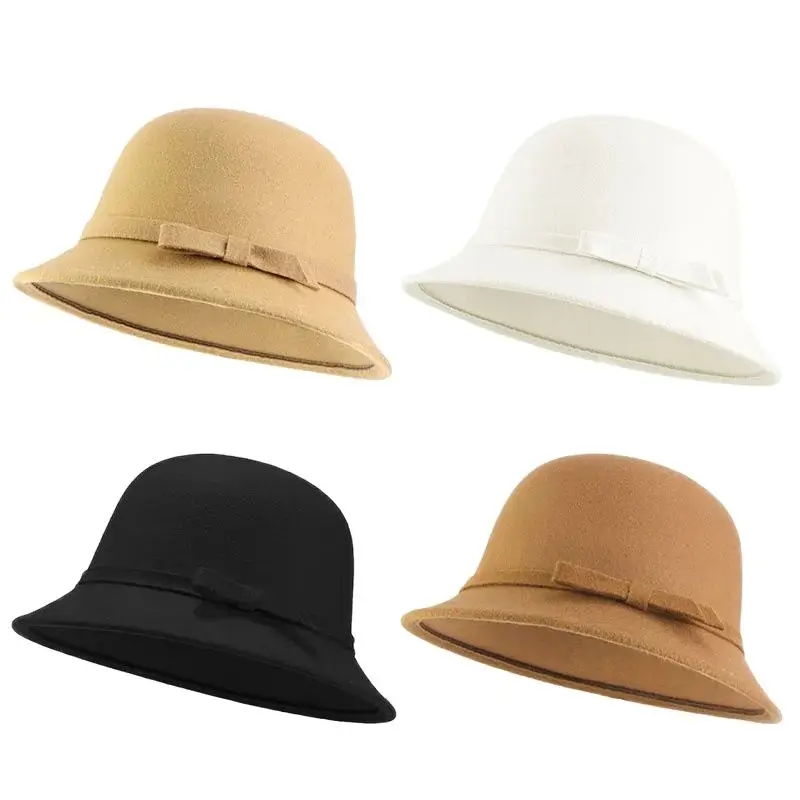 2024 New Fashion Autumn And Winter Imitation Wool Bowler Hat Bow Wool Bowler Hat Dress Casual Hat Basin Hat Headdress