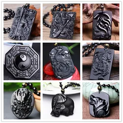 Chinese Handwork Natural Black Obsidian Carved Sword GuanGong Lucky Amulet Pendant + Beads Necklace Vintage Fashion Jewelry Gift