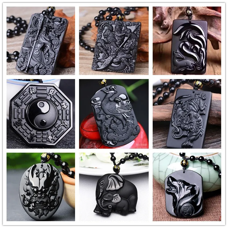 Chinese Handwork Natural Black Obsidian Carved Sword GuanGong Lucky Amulet Pendant + Beads Necklace Vintage Fashion Jewelry Gift