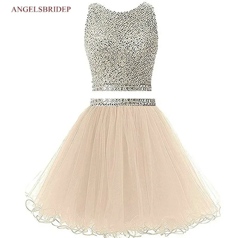 

Fashion 2 piece Short Homecoming Dresses Sparkly Beading Tulle Celebrity Vestido De Festa Formal Graduation Dresses