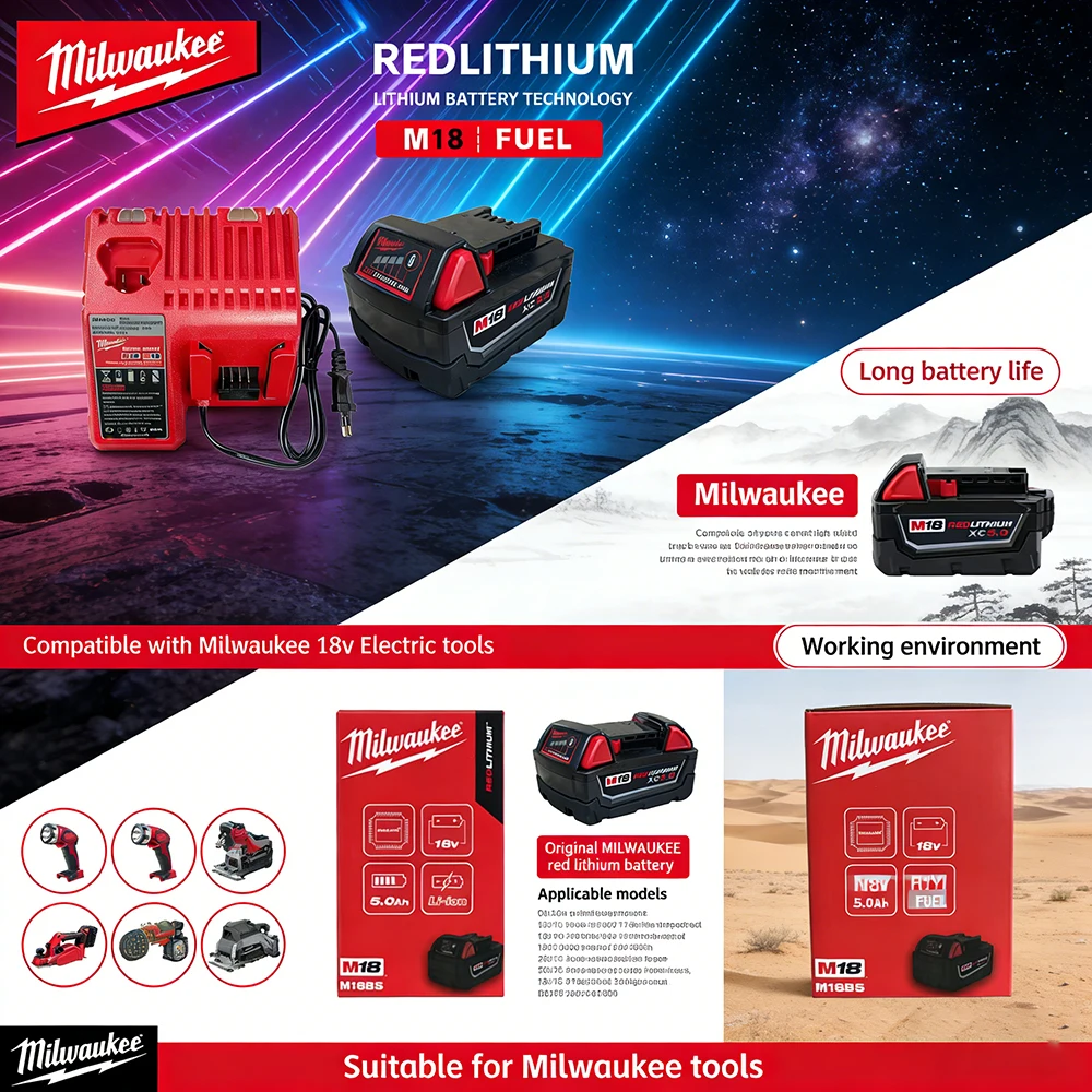 

Milwaukee 18V 5000mAh 18650 Battery, Rechargeable Power Tool Battery for Milwaukee M18 Series 48-11-1850 with Fuel Gauge