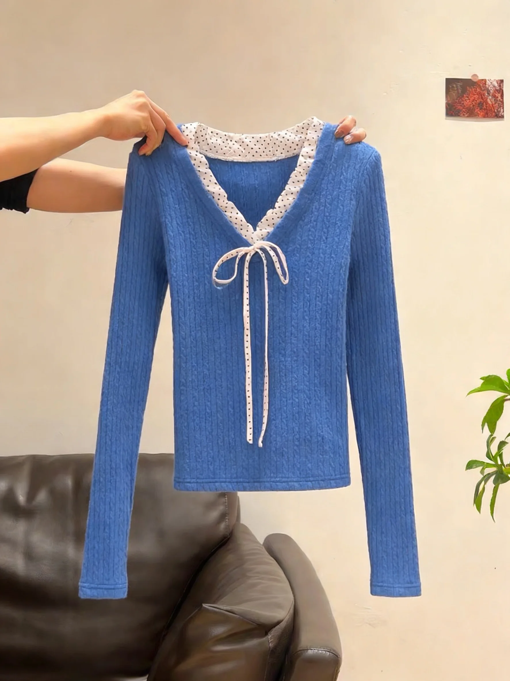 

Ele Sweet Knot V-Ne Knitted Base irt Women's Spring Autumn Slimming Inner Wear Top Casual Sle Long Sve