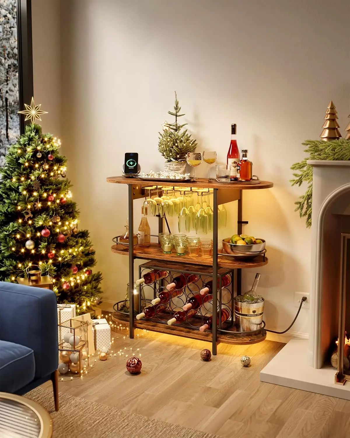 Vasagle Bar Cabinets For Home, Led Coffee Bar With Power Outlets, Home Mini Bar For Liquor, Freestanding Wine Rack With Glass