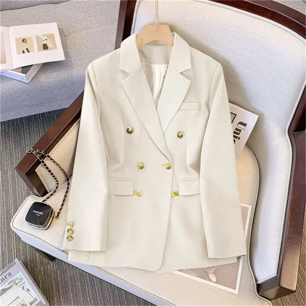 Blazer de temperamento a la moda para mujer, abrigo ajustado de manga larga con doble botonadura, chaqueta de traje para otoño y primavera, prendas de vestir informales para mujer de oficina