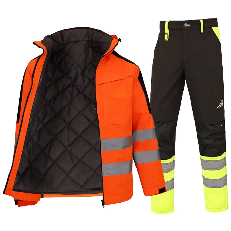 Sicherheitsjacke und Hosen-Set für den Winter, Hi-Vis-Arbeitskleidung, Hose + Jackenanzug, hohe Sichtbarkeit, reflektierende Arbeitskleidung, warm