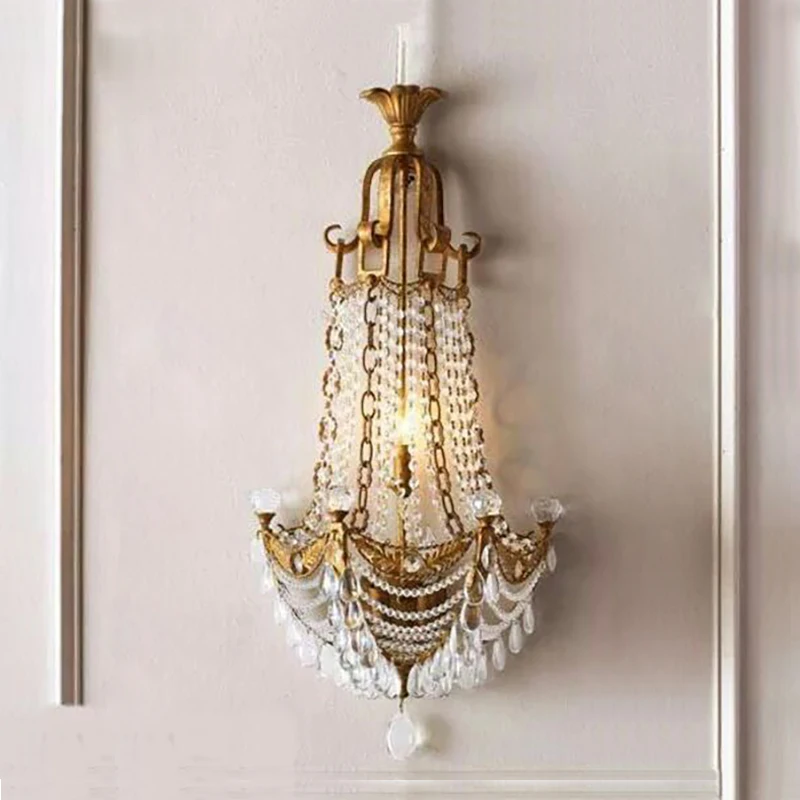 American crystal wall lamp living room background wall lamp creative French court crown retro old copper villa wall lamp