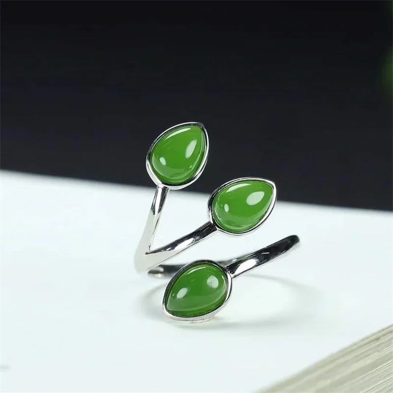 Hot Selling Natural Hand-carved 925 Silver Gufajin Inlaid Jade Water Droplets  Ring Fashion Jewelry Men Women Luck Gifts