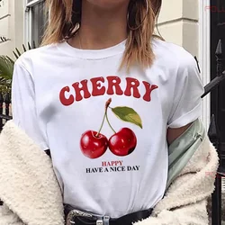 Women's Cherry Print T-Shirt Crew Neck Short Sleeve Casual Top Regular Length Knit Fabric Fruit & Vegetable Tees Y2k Top