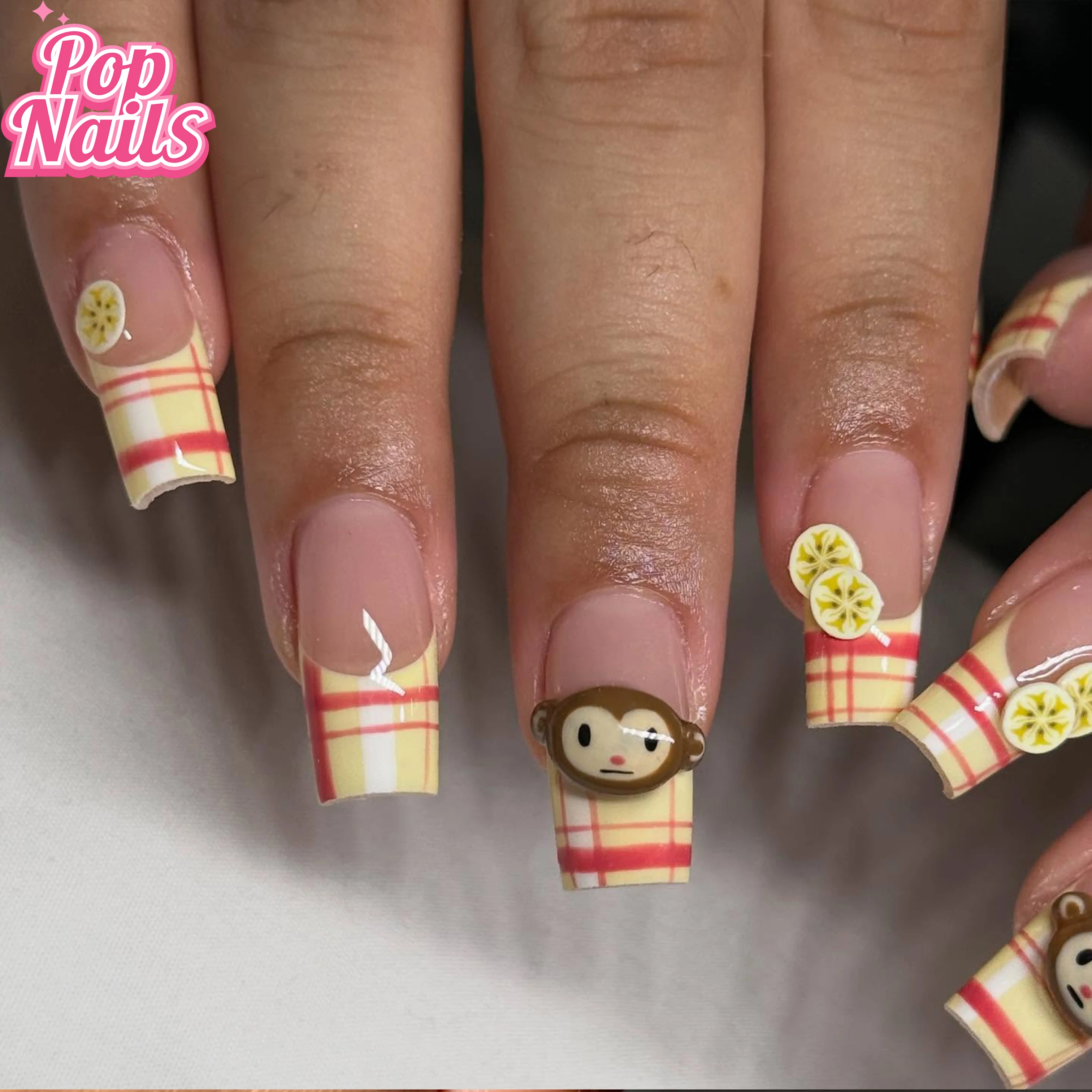 

Kawaii Nail 3D Monkey Press on Nails Handmade Yellow Plaid Square Press ons 3D Nail Gel Acrylic Pressons Hand Made Monkey Nails