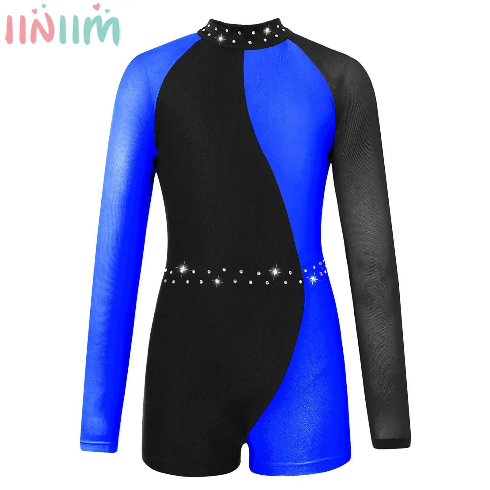 6-16Y Girls Ballet Dance Gymnastics Figure Skating Acrobatics Leotard Sheer Mesh Long Sleeve Rhinestones Bodysuit for Yoga Sport