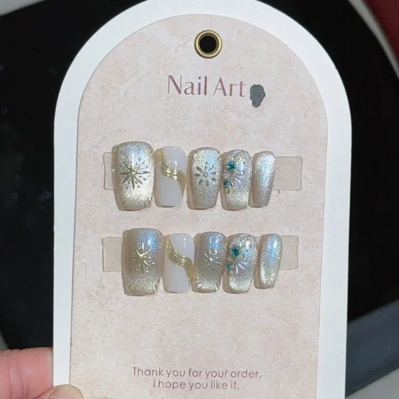 10pcs Handmade Press on Nails Boho Cat Eye Ready-made Artificial Glued Nails for Women Gold Aesthetic Nail Tips Paste Fake Nails