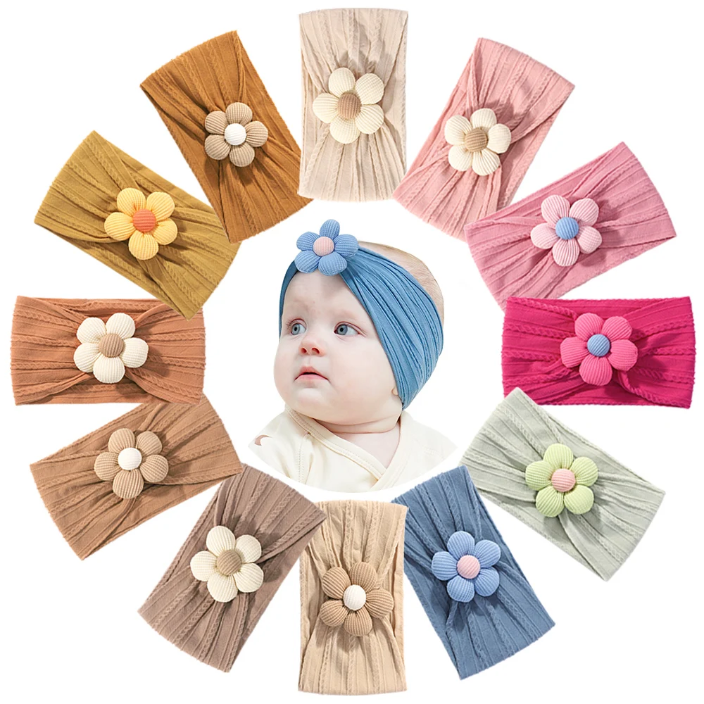 12Pcs Baby Girls Flower Wide Knit Headband Set Soft Elastic Nylon Turban Cables Hairband Toddler Hair Accessories for Newborn