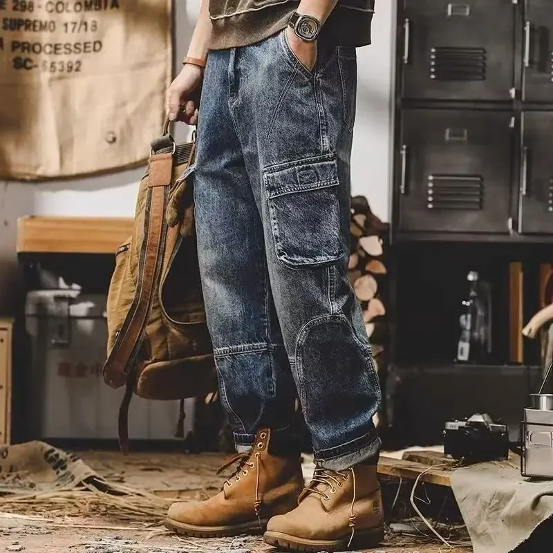 

LIBIELIY Four Seasons Men's Jeans Cargo Pants Loose Japanese Multi Pocket Straight Vintage Plus Size Ankle Length Denim Trousers