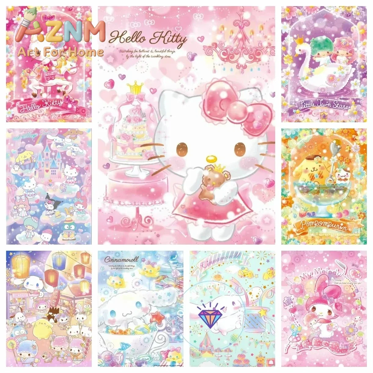 AZNM Sanrio Hello Kitty Cinnamoroll Pompompurin My Melody Canvas Poster Sweet Pink Cartoon Unframed Wall Print for Girls Decor