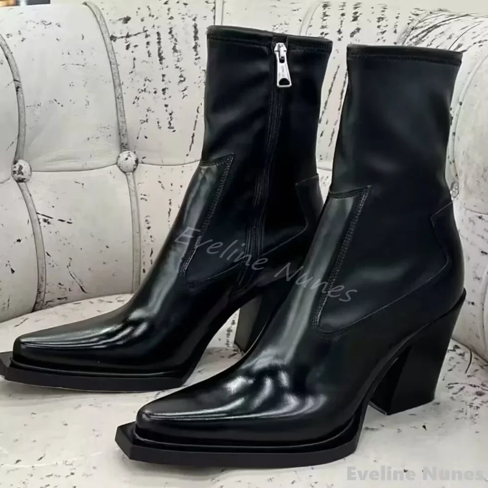 

Pointed Toe Thick Heel Elastic Ankle Boots Women Plus Velvet Side Zipper Black Leather Chelsea Boots 2025 New Splicing Boots