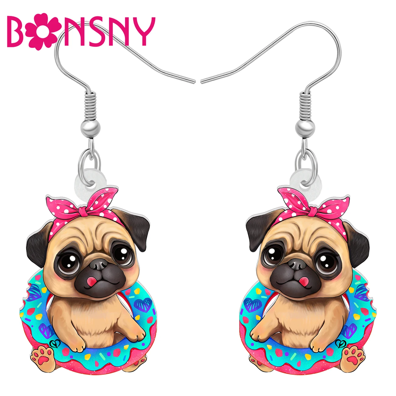 BONSNY Acrylic Adorable Pug Doggy Earrings Trendy Jewelry Drop Dangle Valentine’s Day Gifts Accessory For Women Kids