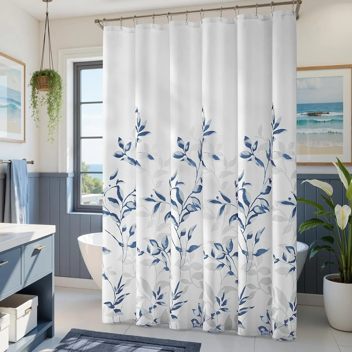 

Blue Leaf Watercolor Shower Curtain Botanical Branch Print for Modern Bathroom Decor
