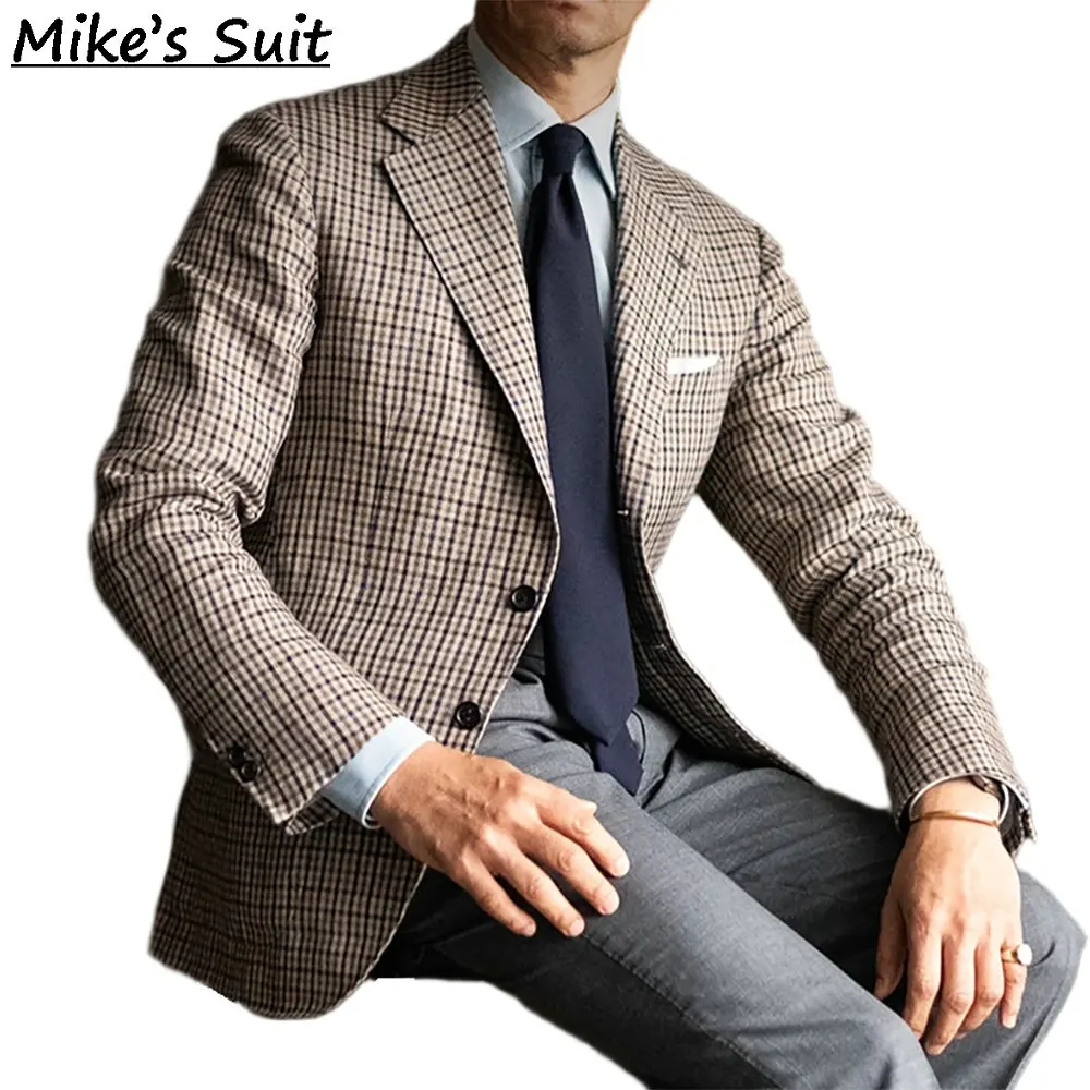 Men's Beige Check Wool Blazer British Style Wedding Party Slim Fit Business Suit Jacket Sports Coat