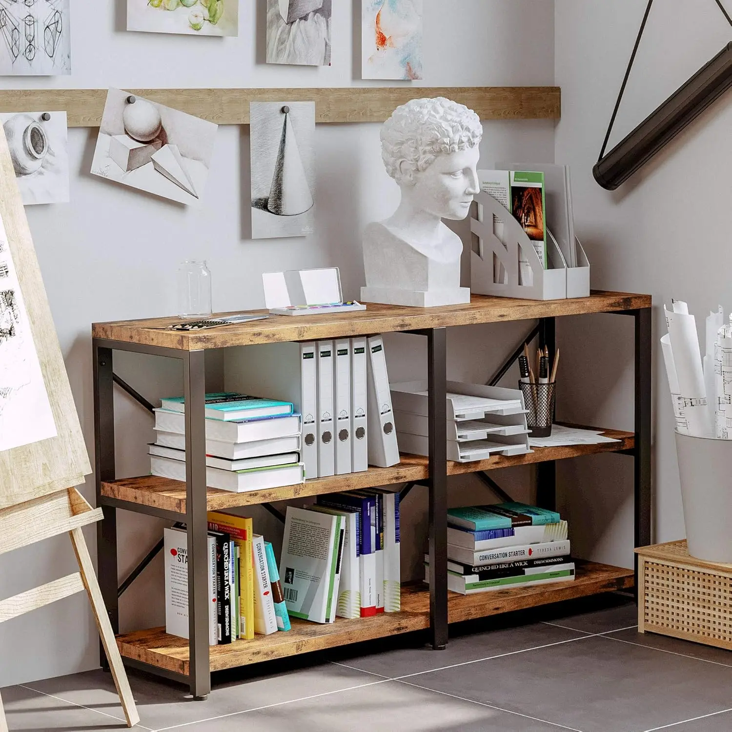 Bookshelf Double Wide, Industrial Bookcases, Wood and Metal Bookshelves, Book Shelves for Home Office Decor