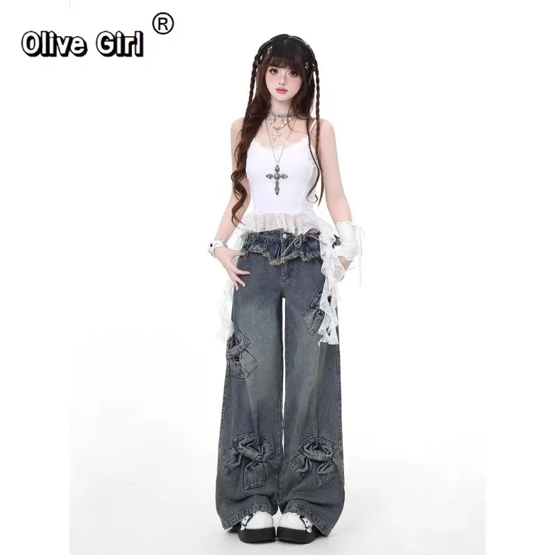 Olivegirl-pantalones vaqueros con lazo Y2k para mujer, pantalón vaquero Retro americano Harajuku, pantalones holgados de pierna ancha con retales de gran tamaño
