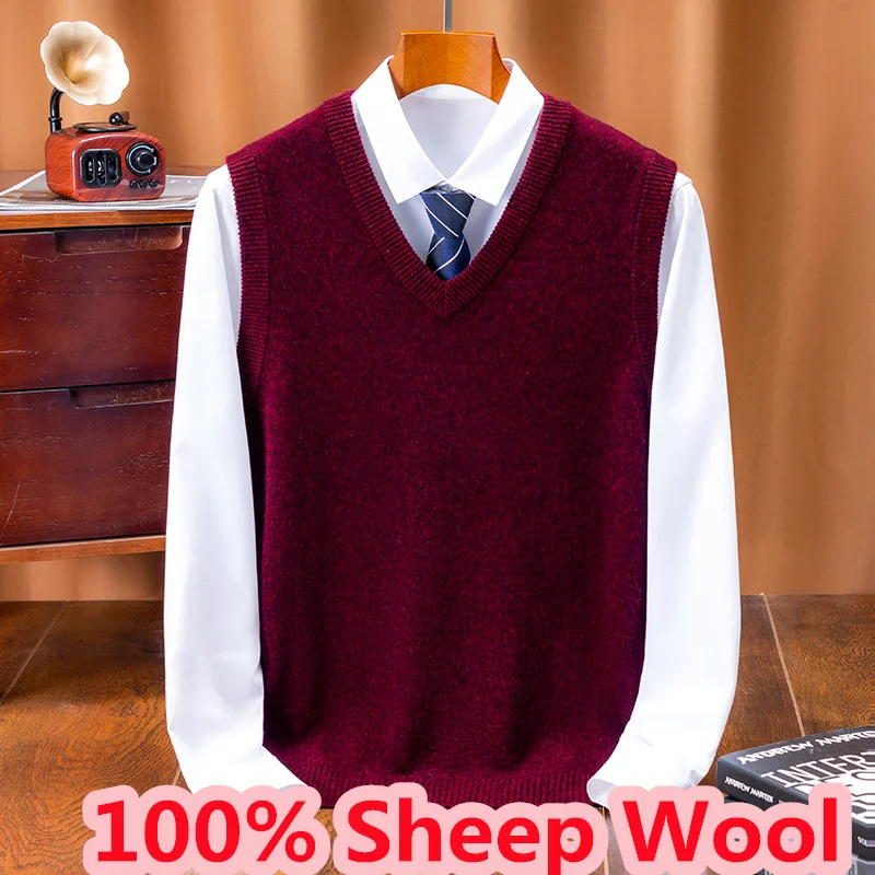 

Толстый свитер без рукавов из 100% шерсти, осень-зима 202, классический жилет с v-образным вырезом, мужской кашемировый шерстяной трикотаж, пуловер, теплый жилет