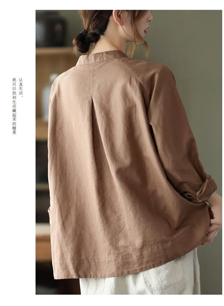 Primavera e autunno donna nuova camicia in cotone e lino cardigan ampio top corto a maniche lunghe