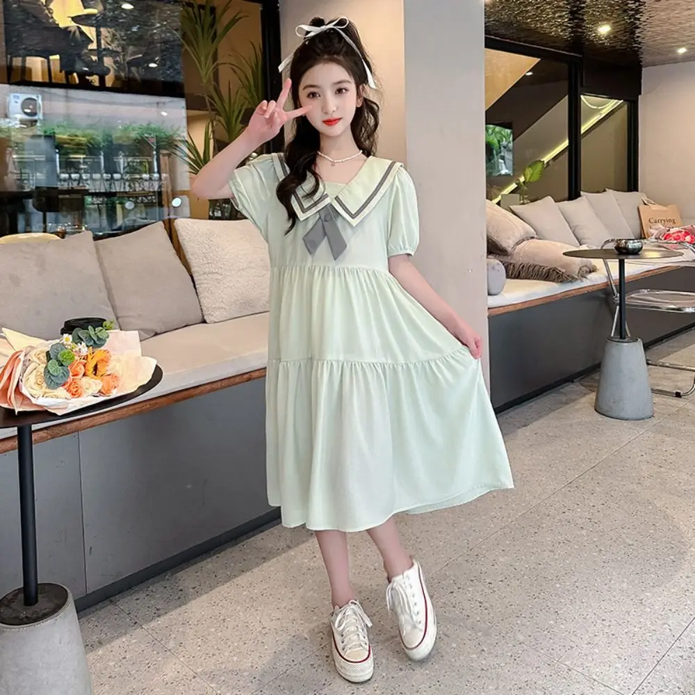 Robe de princesse à nœud papillon pour filles, ample, manches courtes bouffantes, robes pour adolescentes, Style Preppy, robe à bulles pour enfants, été