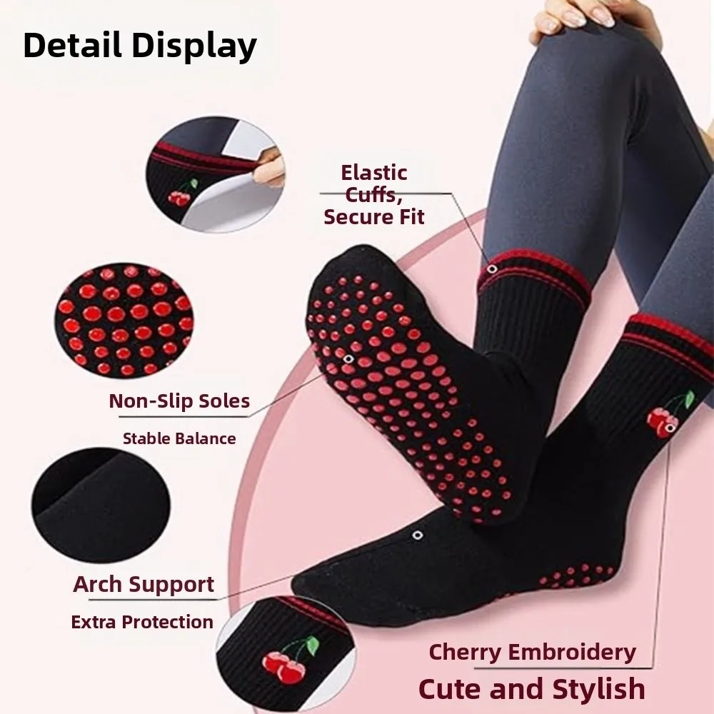 New Cotton Pilates Socks Breathable Harajuku Street Cherry Embroidery Socks Sweat-absorbent Non-Slip Grip Yoga Socks
