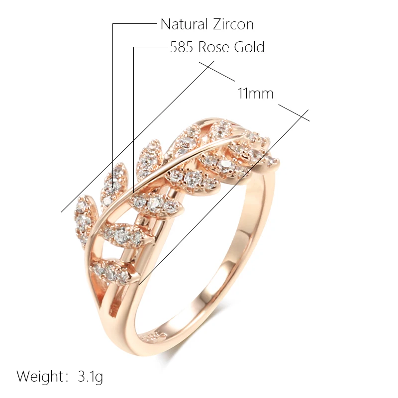 Kinel Hot Shiny Natural Zircon Leaf Ring for Women Trendy 585 Rose Gold Color Vintage Wedding Jewelry Daily Party Accessories