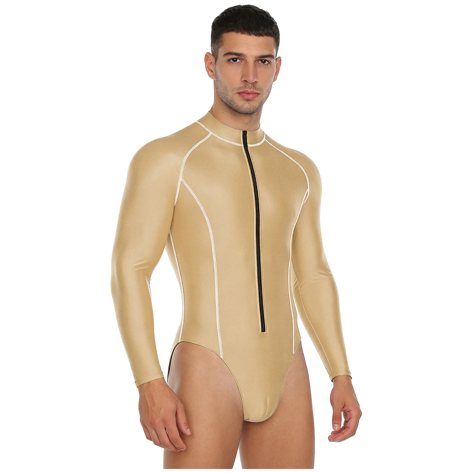 Herren-Badeanzug mit Glanzoptik, Rash Guard Schwimmanzug mit Langen Ärmeln, Frontreißverschluss, Hochgeschnittener Leotard-Jumpsuit für Surfen und Schwimmen – Detail 14