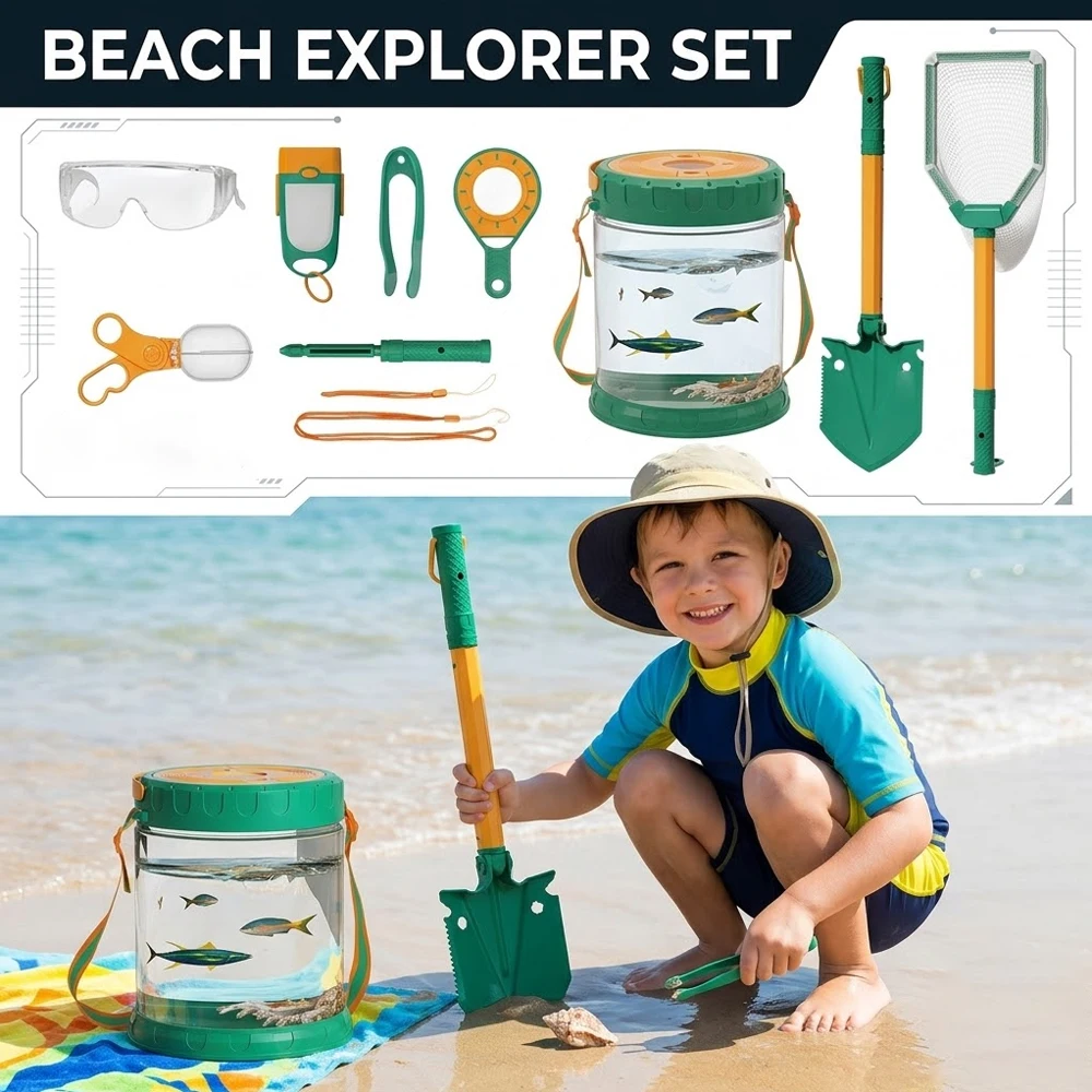 

10PCS Kids Beach Toy Set Outdoor Shell Digging Tools Sand Shovel Crab Clip Fishing Net for Toddlers Gift
