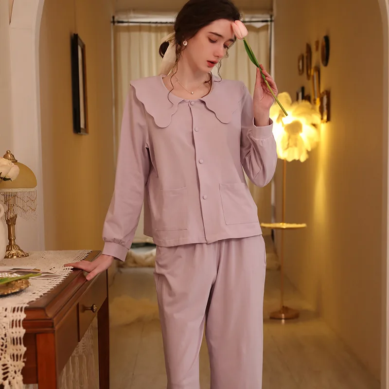 Fashion Pajamas Women Autumn Sleepwear Long sleeve White Stain Pajama set Minimalist Design