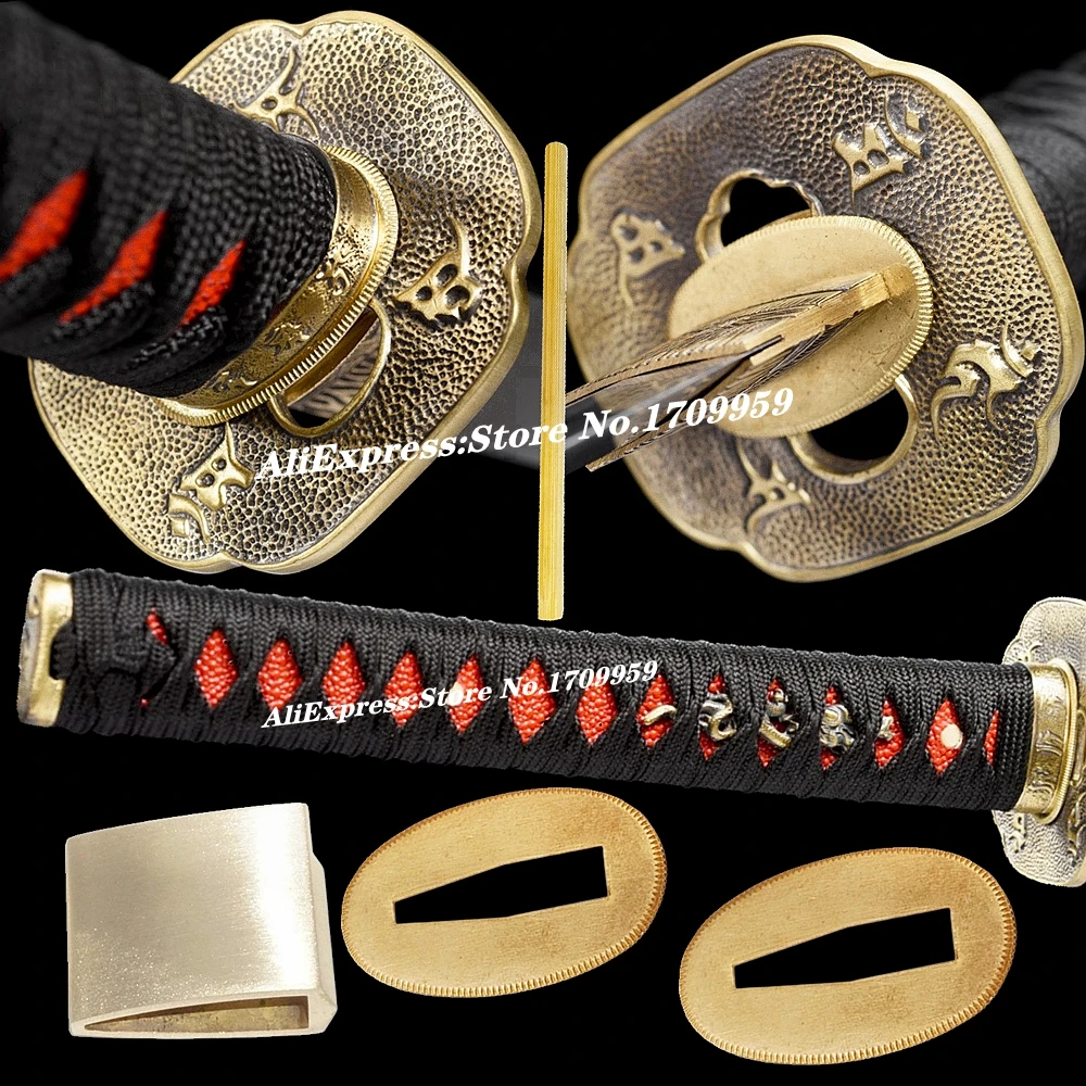 

26CM*Black Ito Tsuka Japanese Katana/Wakizashi Sword Guard Brass Fittings Set Tsuba+Menuki+Fuchi+Kashira+Handle+Habaki+Seppa