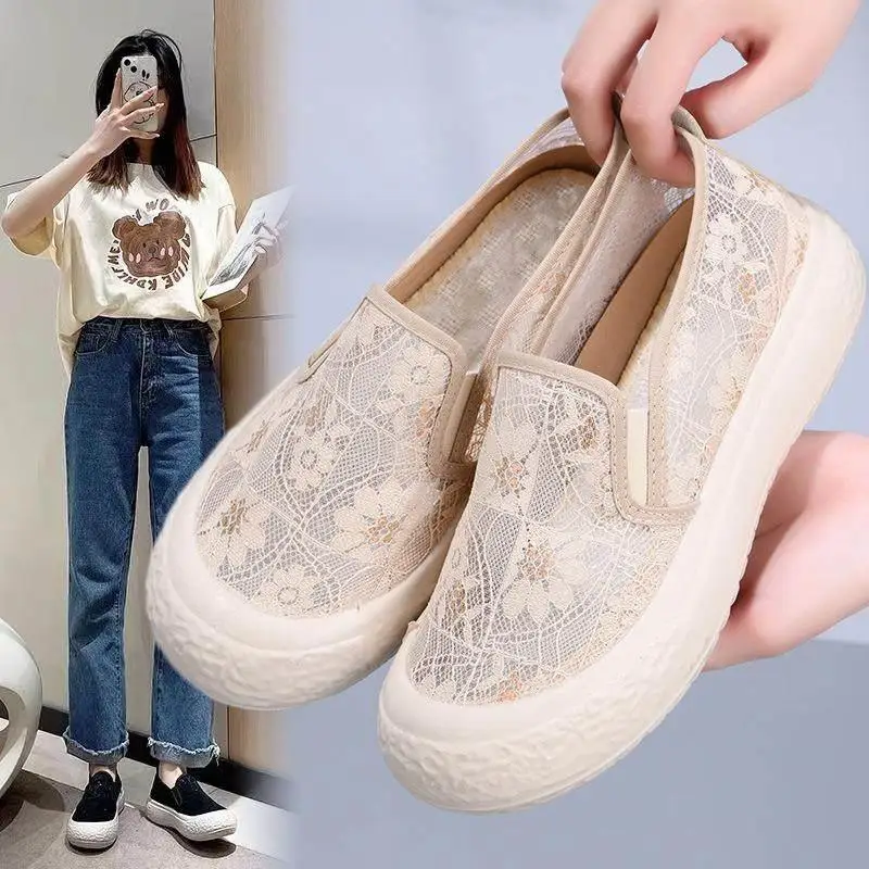 

Beijing Style Women's Canvas Shoes Breathable Mesh Casual Fishing Boat Thick Bottom Slip-On Anti-Slip Low Cut Fashion Sneakers