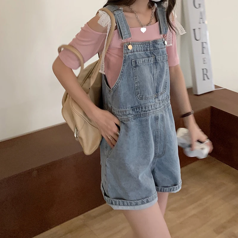 SML 2Colors Summer korean preppy style Jumpsuit Denim Overalls For Womens Girls blue Jeans Shorts womens (78655)