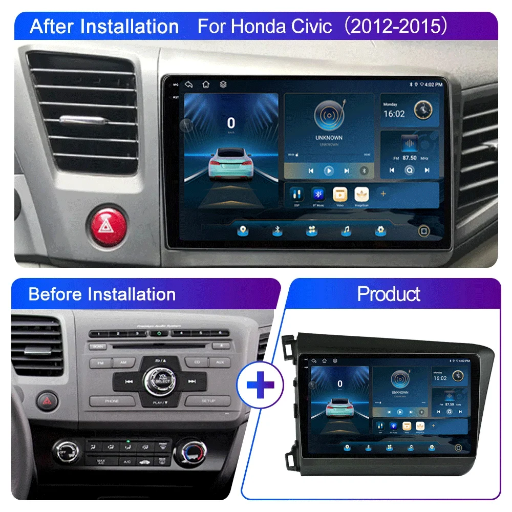 LJZN Android 16 Auto Car Radio Multimidia Video Player For HONDA CIVIC 2012 -2015 2din Stereo GPS Carplay 8Core 4G+WIFI 2 din