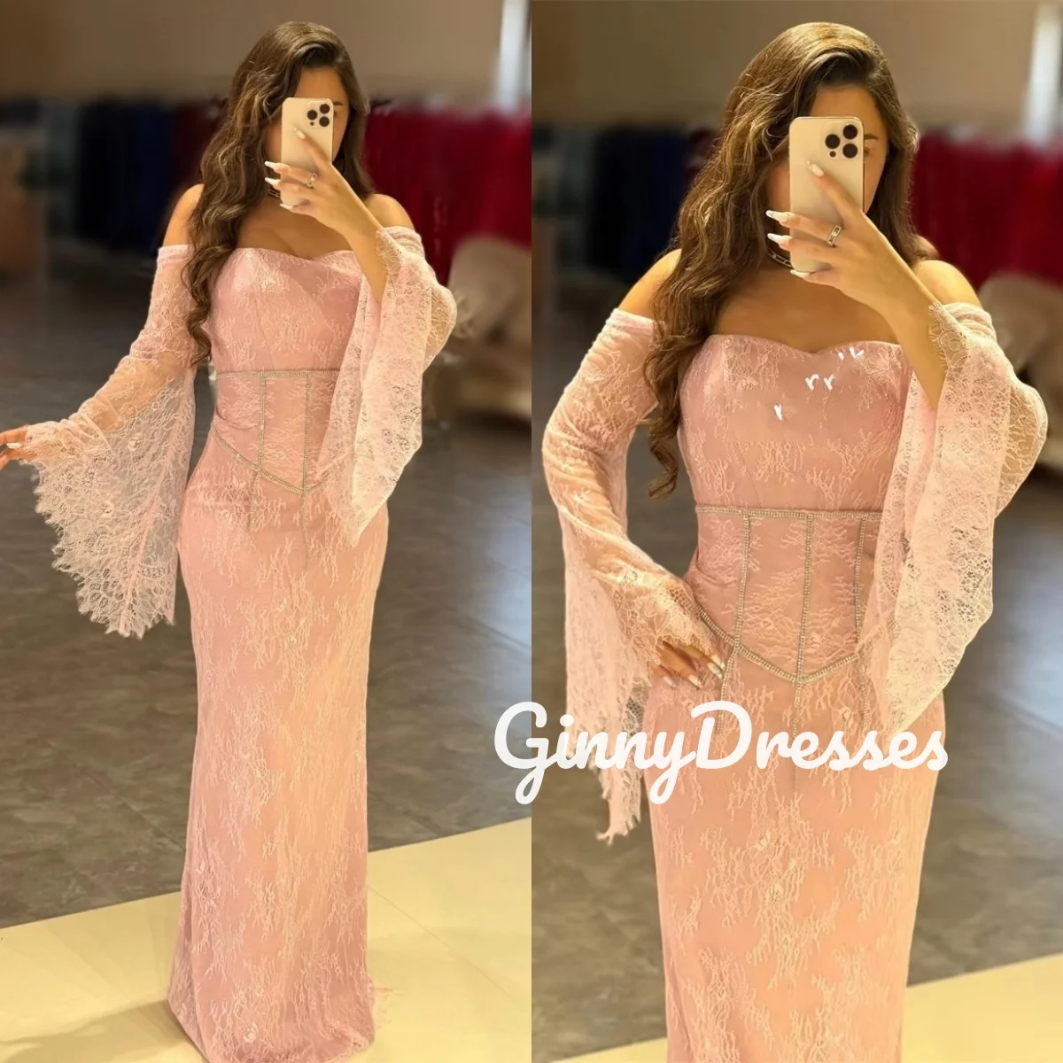 

Роскошное вечернее платье в Дубае на заказ, платья с открытыми плечами для выпускного вечера, кружевные с длинными рукавами, длиной до пола, для торжественных случаев Dre