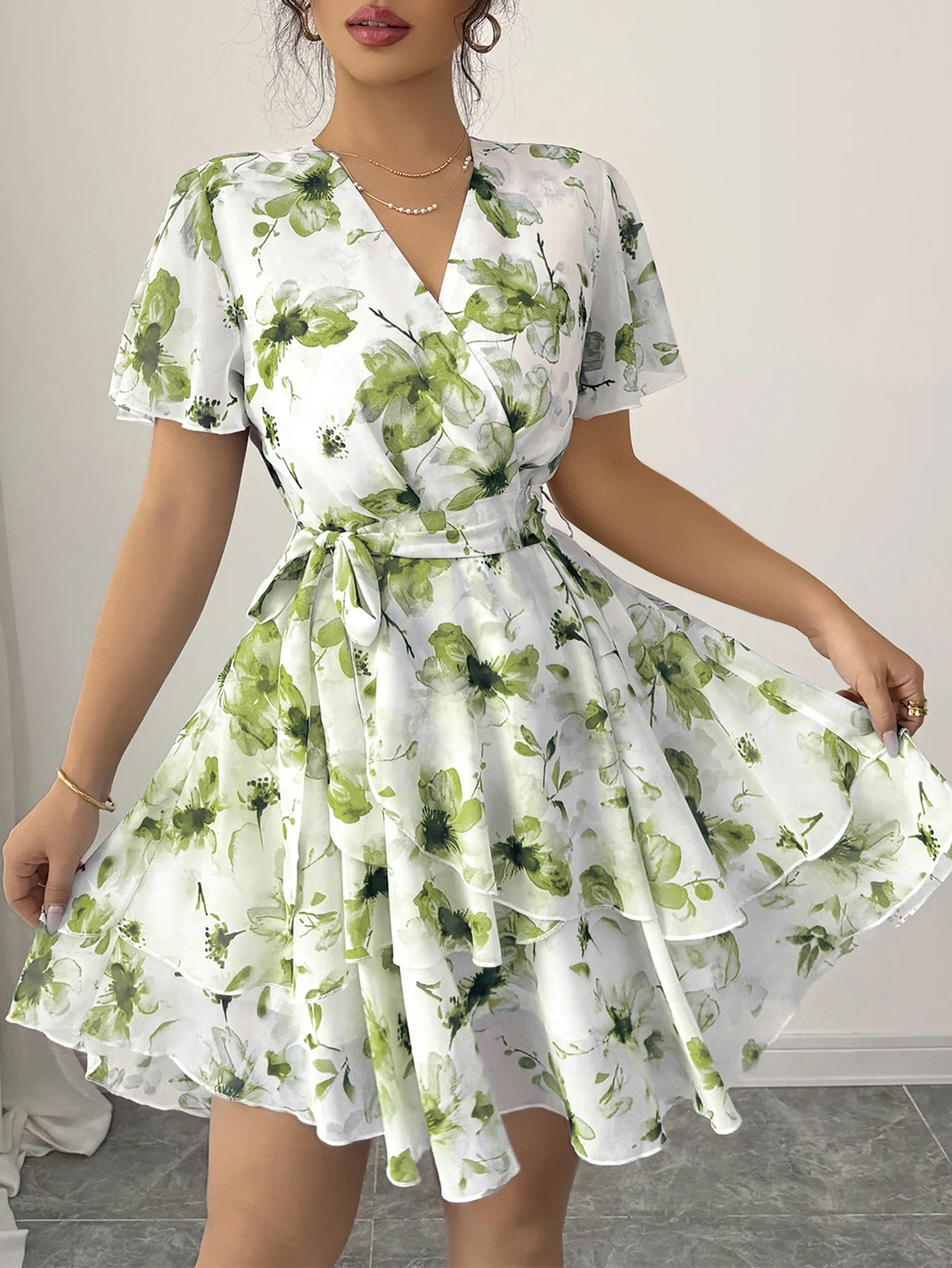 

Summer Midi Dress Woman Vacation Printed Short Sleeved Cake Skirt V-Neck Lace Up Flower Print Pleated Elegant A-Line Mesh Dress